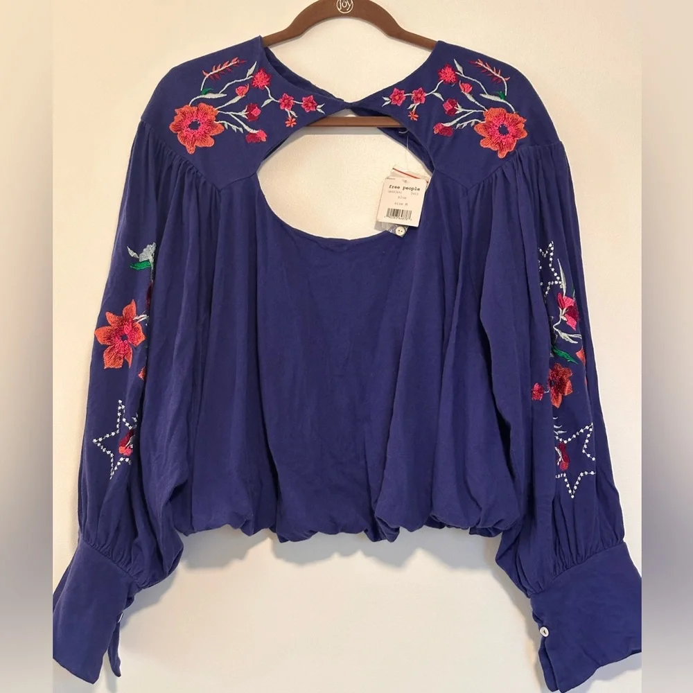 Free People Lita Embroidered Top Blue - Large - Picture 3 of 11